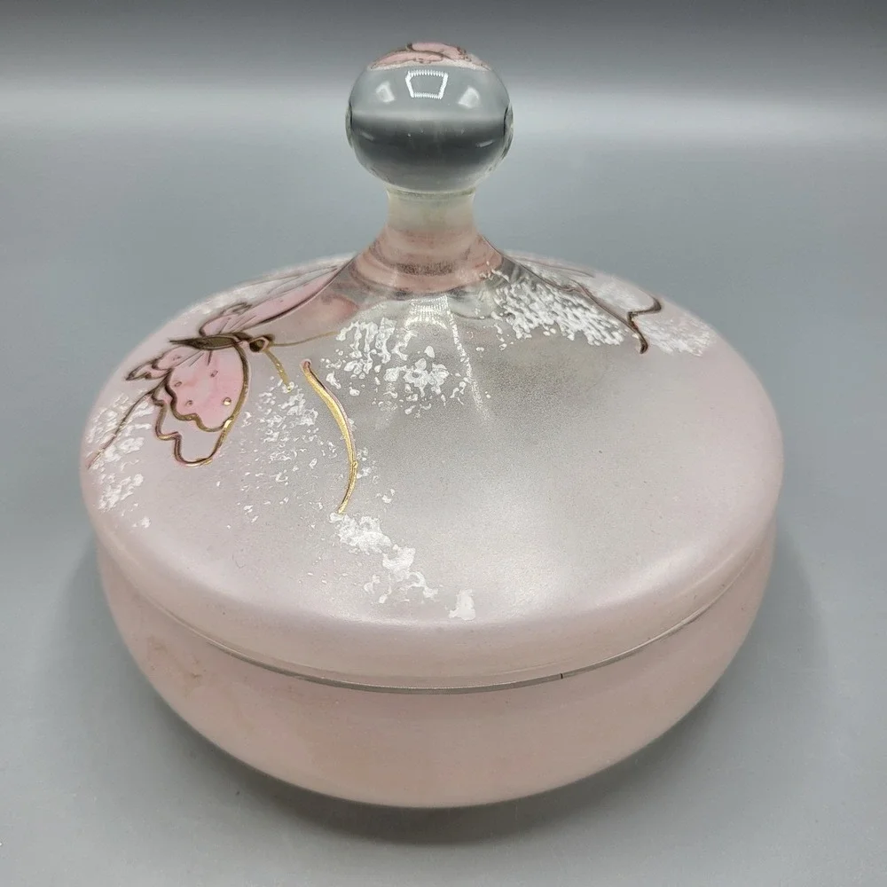 Butterfly Trinket Dish Vanity Jar Frosted Pink Glass Gold Accents Hand Painted